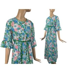 1960s flare sleeve cotton floral maxi dress | vintage‎ bell sleeve bright Summer